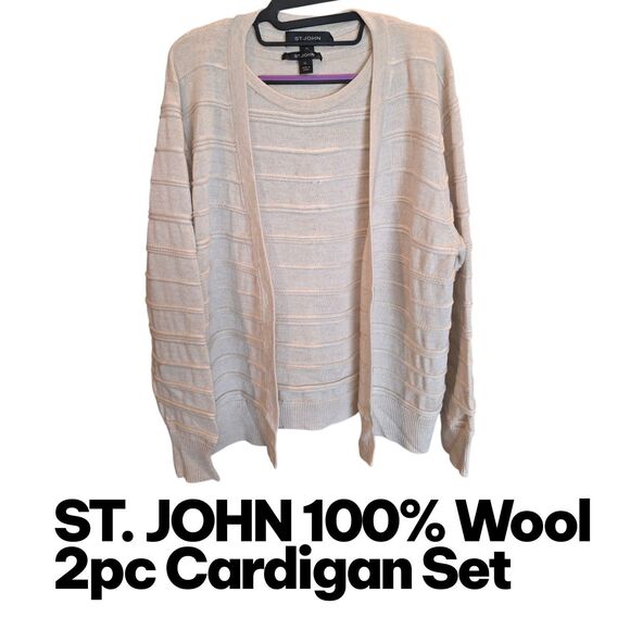 ST. JOHN Sz XL TAN Oatmeal 2 Pc 100% Wool Vest & Button Up Cardigan Sweater Set - Picture 1 of 8